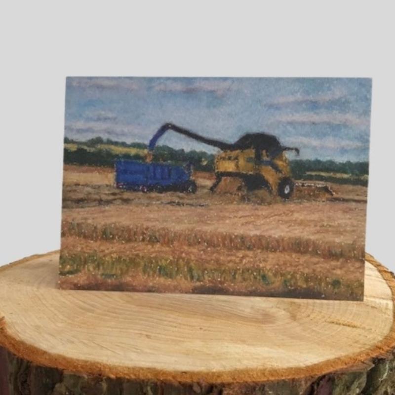Combine Harvester Greetings Card on log
