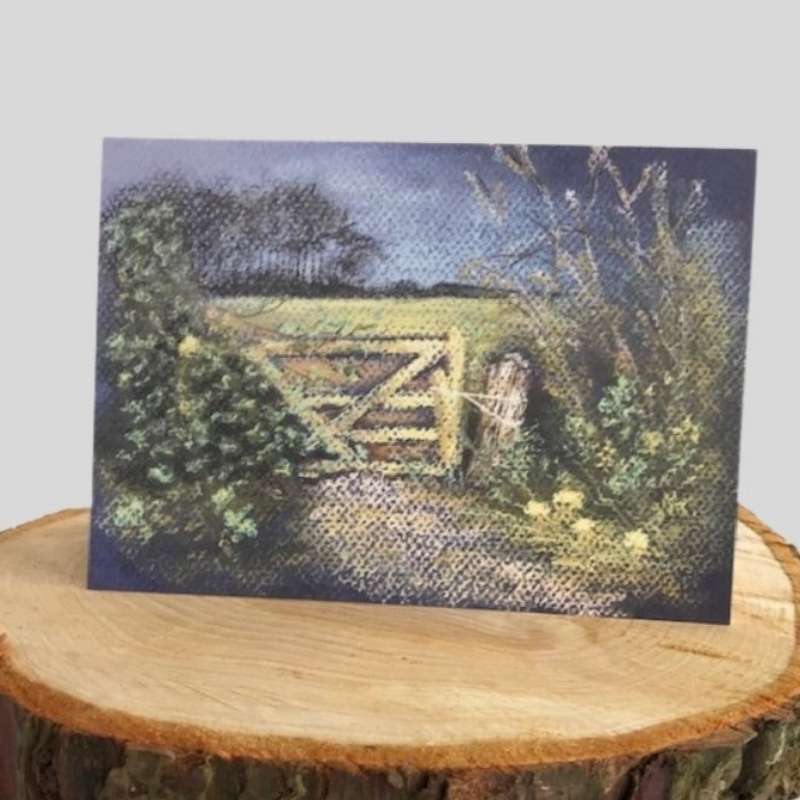 The Old Field Gate Greetings Card on log