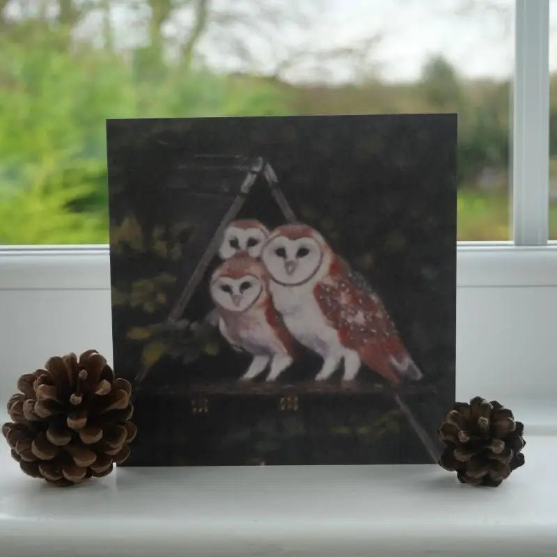 Barn Owls Greetings Card on windowsill